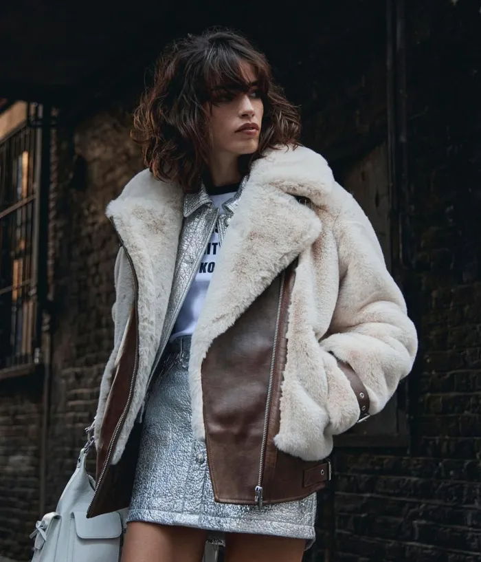 Women Coats and Jackets THE KOOPLES Ecru Fureffect Aviator Jacket