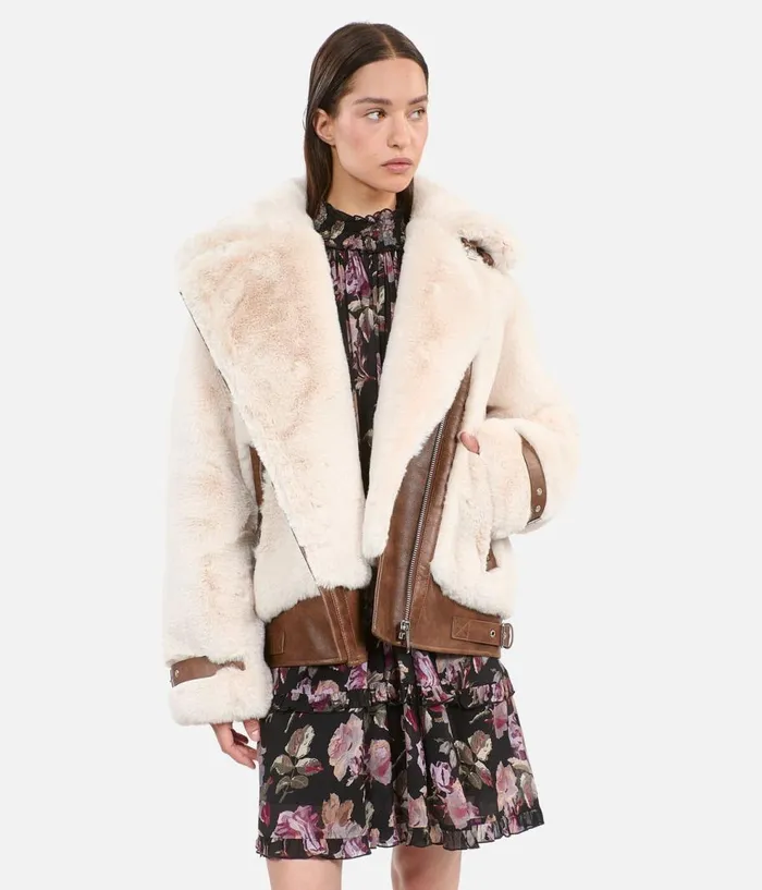 Women Coats and Jackets THE KOOPLES Ecru Fureffect Aviator Jacket Women Coats and Jackets THE KOOPLES Ecru Fureffect Aviator Jacket