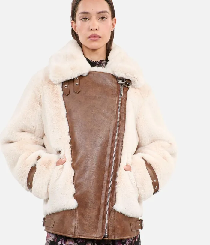 Women Coats and Jackets THE KOOPLES Ecru Fureffect Aviator Jacket Women Coats and Jackets THE KOOPLES Ecru Fureffect Aviator Jacket