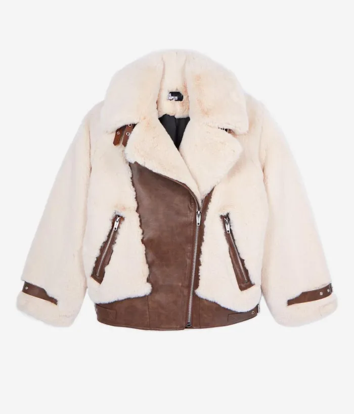 Women Coats and Jackets THE KOOPLES Ecru Fureffect Aviator Jacket Women Coats and Jackets THE KOOPLES Ecru Fureffect Aviator Jacket