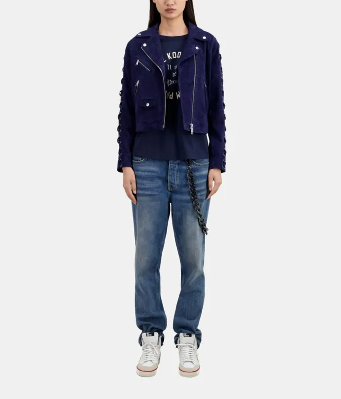 Women Coats and Jackets THE KOOPLES Navy Blue Suede Leather Biker Jacket