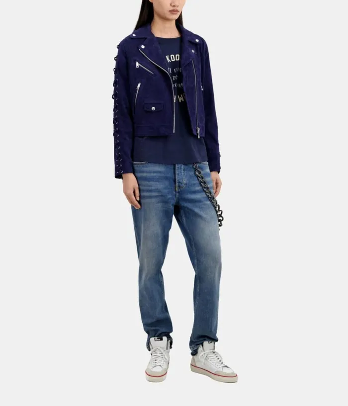 Women Coats and Jackets THE KOOPLES Navy Blue Suede Leather Biker Jacket Women Coats and Jackets THE KOOPLES Navy Blue Suede Leather Biker Jacket