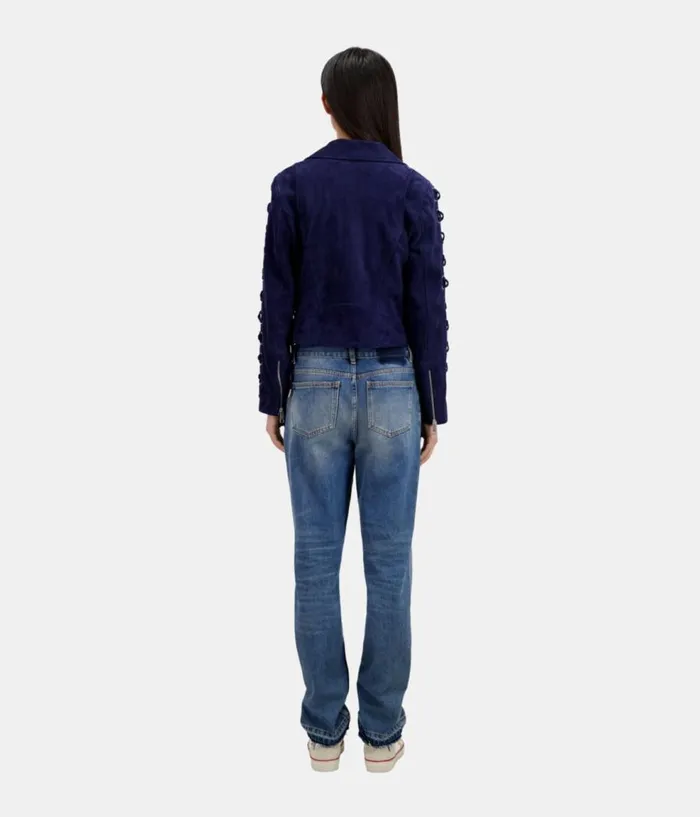 Women Coats and Jackets THE KOOPLES Navy Blue Suede Leather Biker Jacket Women Coats and Jackets THE KOOPLES Navy Blue Suede Leather Biker Jacket