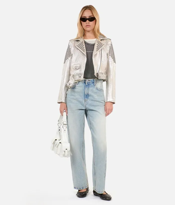 Women Coats and Jackets THE KOOPLES Studded Silver Leather Jacket
