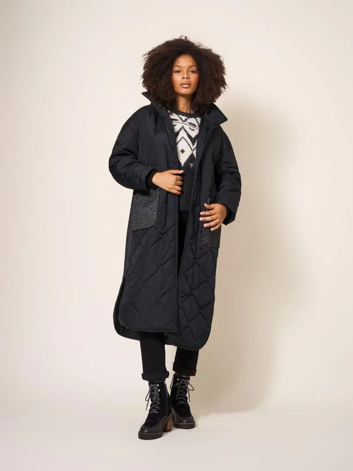 Women COATS and JACKETS White Stuff Luna Fabric Mix Quilted Coat Black Multi Women COATS and JACKETS White Stuff Luna Fabric Mix Quilted Coat Black Multi