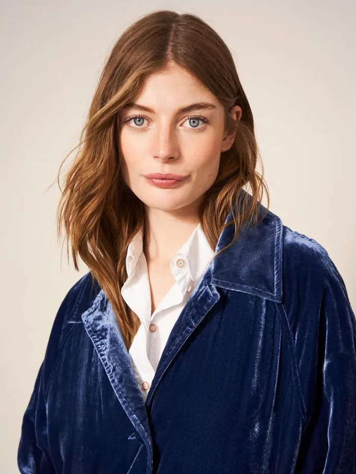 Women COATS and JACKETS White Stuff Velvet Duster Smart Coat Deep Blue Women COATS and JACKETS White Stuff Velvet Duster Smart Coat Deep Blue
