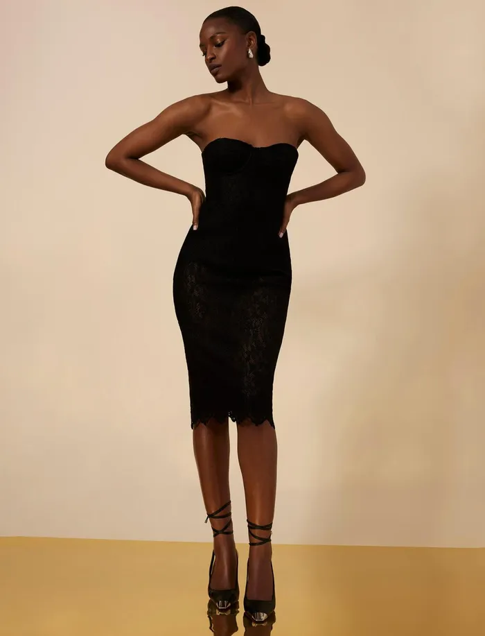 Women Cocktail and Party Dresses BCBG Becca Lace Midi Dress Black