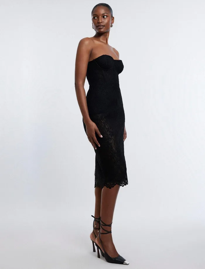 Women Cocktail and Party Dresses BCBG Becca Lace Midi Dress Black