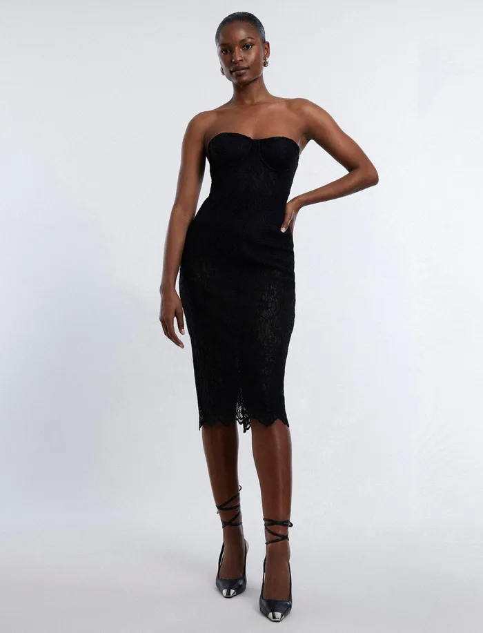 Women Cocktail and Party Dresses BCBG Becca Lace Midi Dress Black