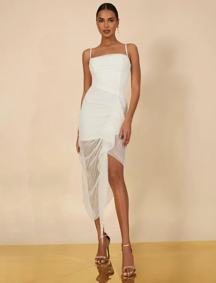 Women Cocktail and Party Dresses BCBG Lottie Cascading Ruched Dress Gardenia