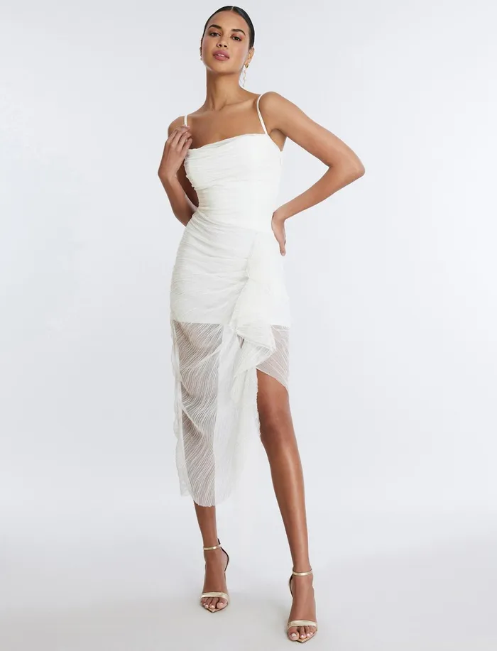 Women Cocktail and Party Dresses BCBG Lottie Cascading Ruched Dress Gardenia