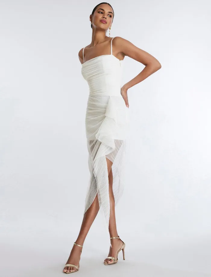 Women Cocktail and Party Dresses BCBG Lottie Cascading Ruched Dress Gardenia