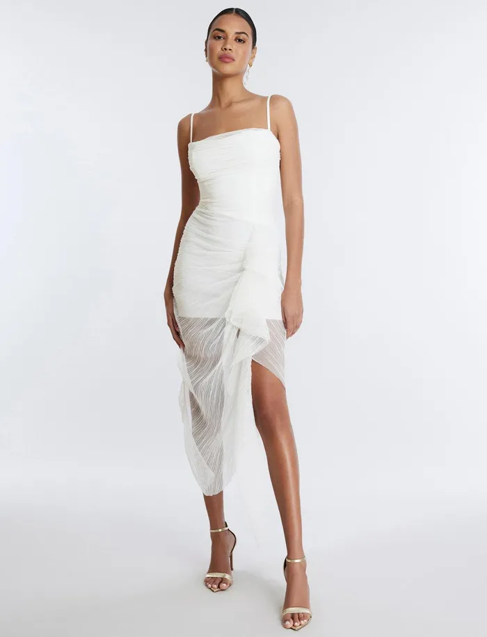 Women Cocktail and Party Dresses BCBG Lottie Cascading Ruched Dress Gardenia