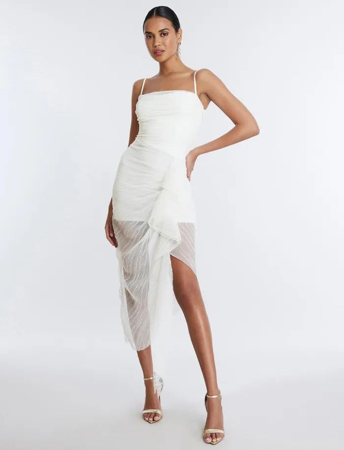 Women Cocktail and Party Dresses BCBG Lottie Cascading Ruched Dress Gardenia