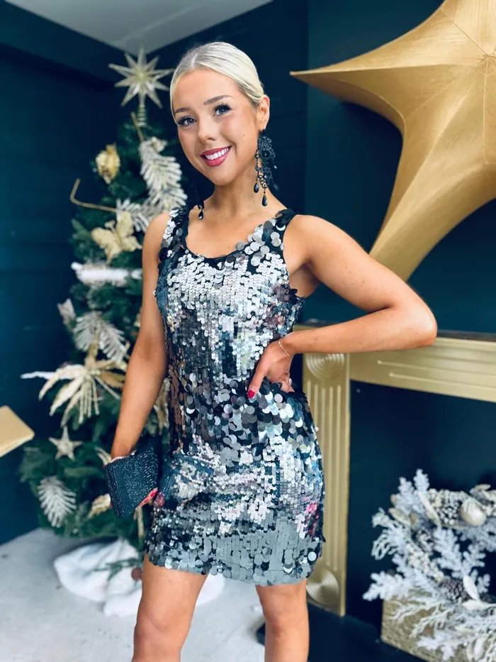 Women Day Dress Canella Lane Abi Large Sequin Detail Mini Dress Silver
