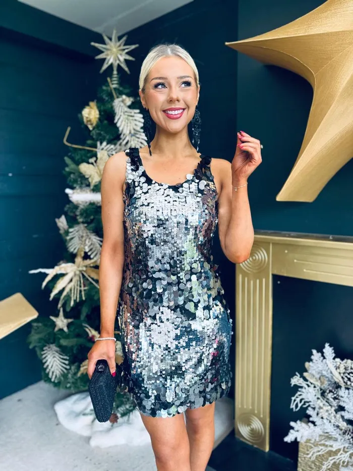 Women Day Dress Canella Lane Abi Large Sequin Detail Mini Dress Silver