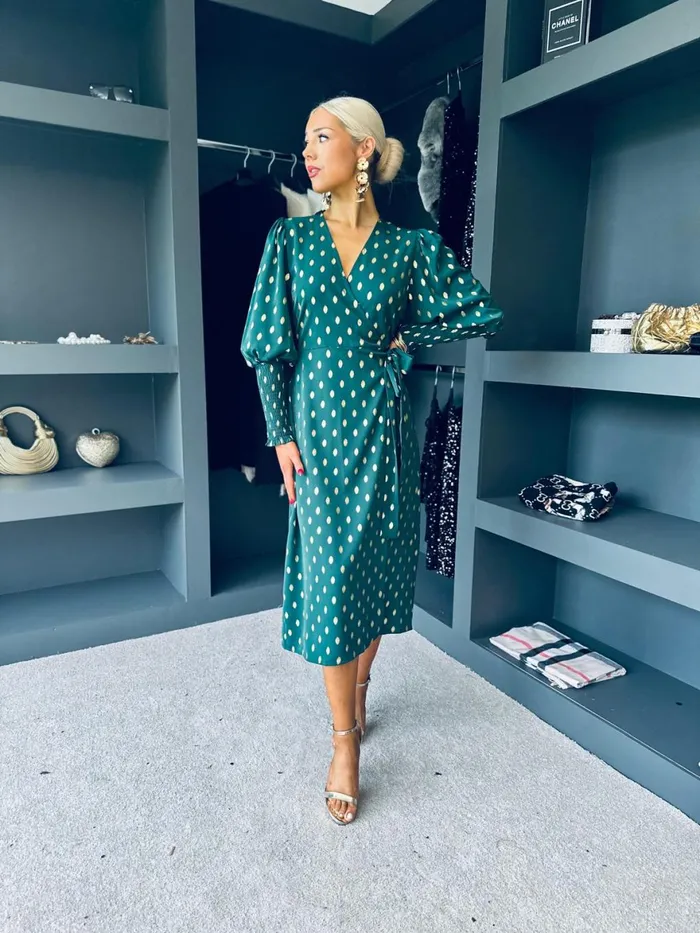 Women Day Dress Canella Lane Devina Shirred Cuff Wrap Dress Gold Foil and Green