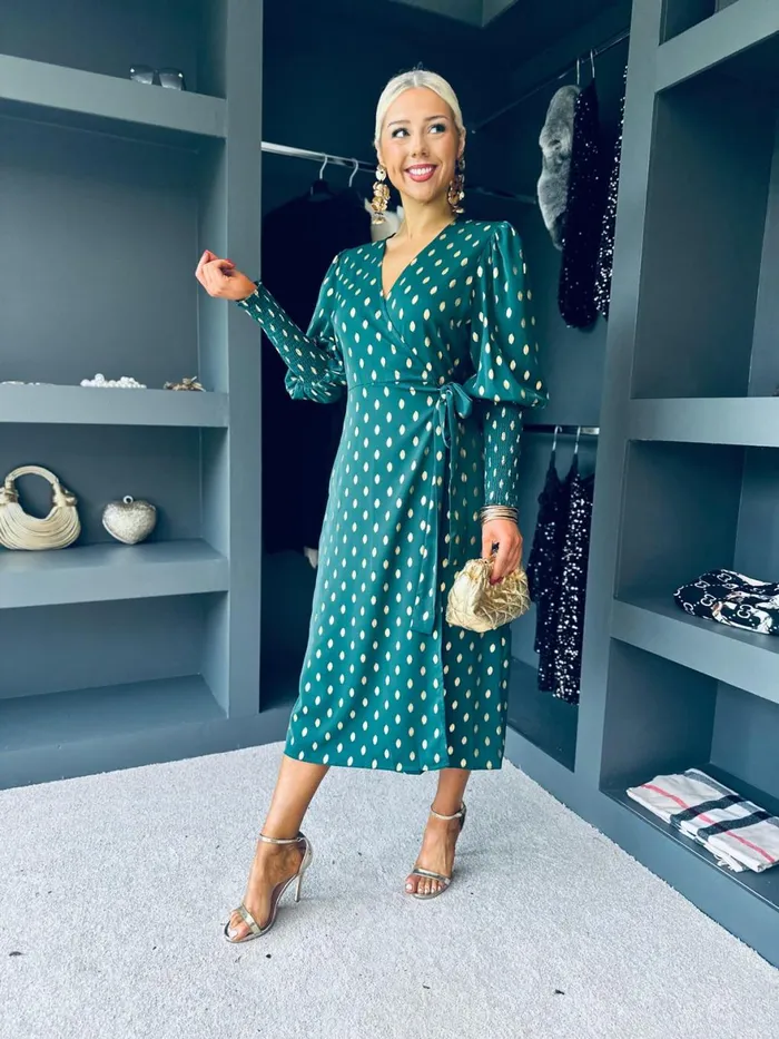 Women Day Dress Canella Lane Devina Shirred Cuff Wrap Dress Gold Foil and Green