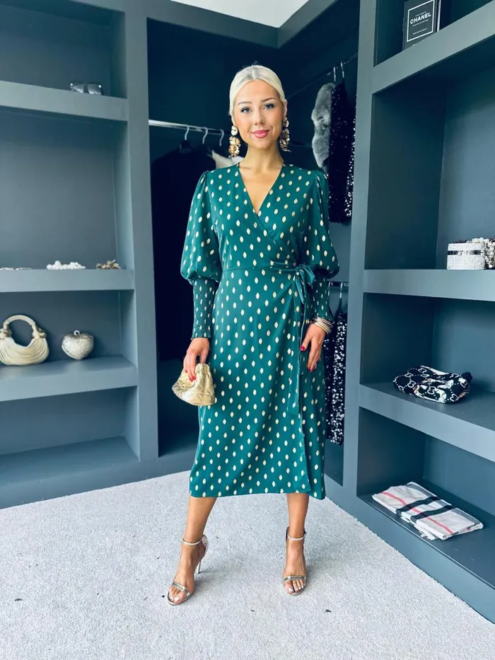 Women Day Dress Canella Lane Devina Shirred Cuff Wrap Dress Gold Foil and Green