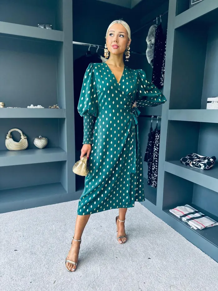 Women Day Dress Canella Lane Devina Shirred Cuff Wrap Dress Gold Foil and Green