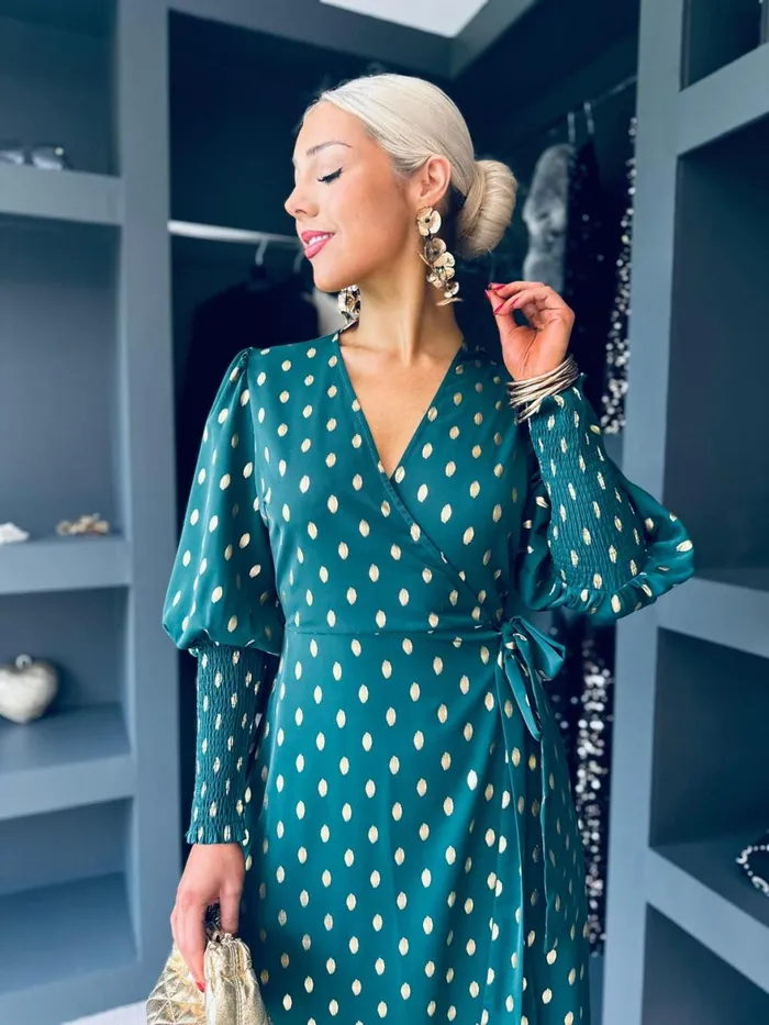 Women Day Dress Canella Lane Devina Shirred Cuff Wrap Dress Gold Foil and Green