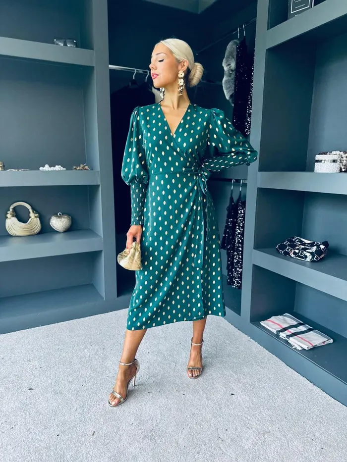 Women Day Dress Canella Lane Devina Shirred Cuff Wrap Dress Gold Foil and Green
