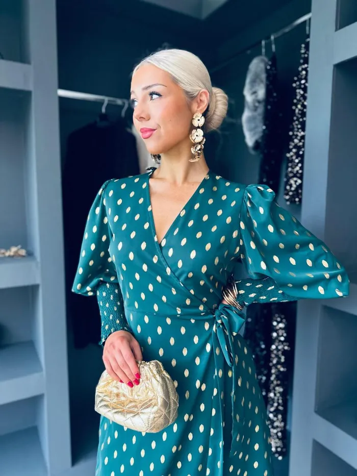 Women Day Dress Canella Lane Devina Shirred Cuff Wrap Dress Gold Foil and Green