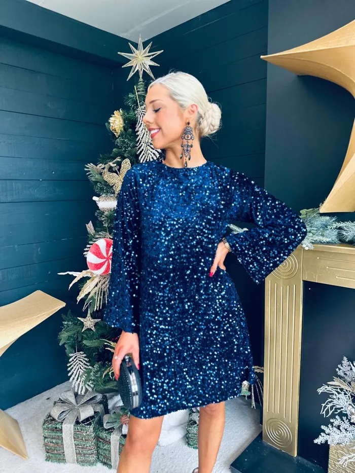 Women Day Dress Canella Lane Doris Bow Detail Sequin Mini Dress Navy