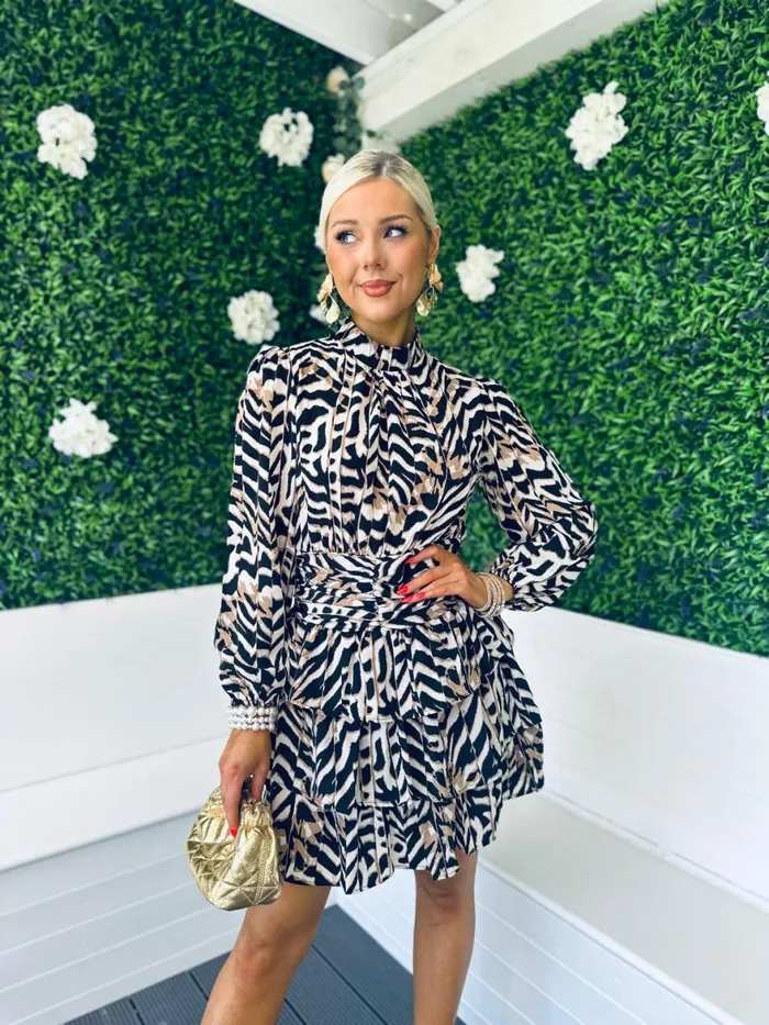 Women Day Dress Canella Lane Georgina Layered Mini Dress Animal Stone