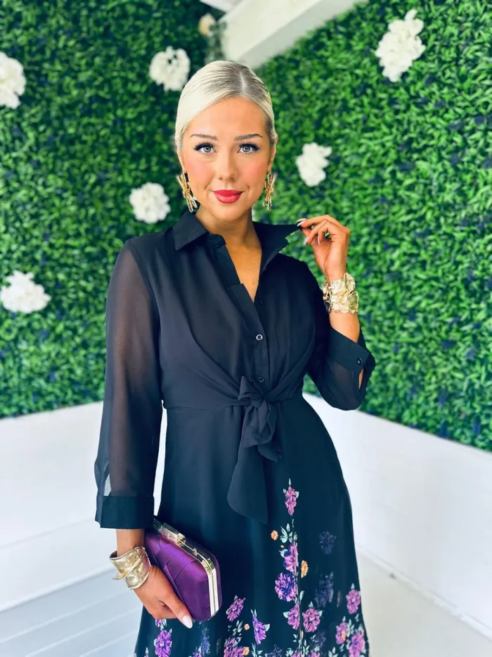 Women Day Dress Canella Lane Isabella Tie Front Shirt Dress Black Purple Floral