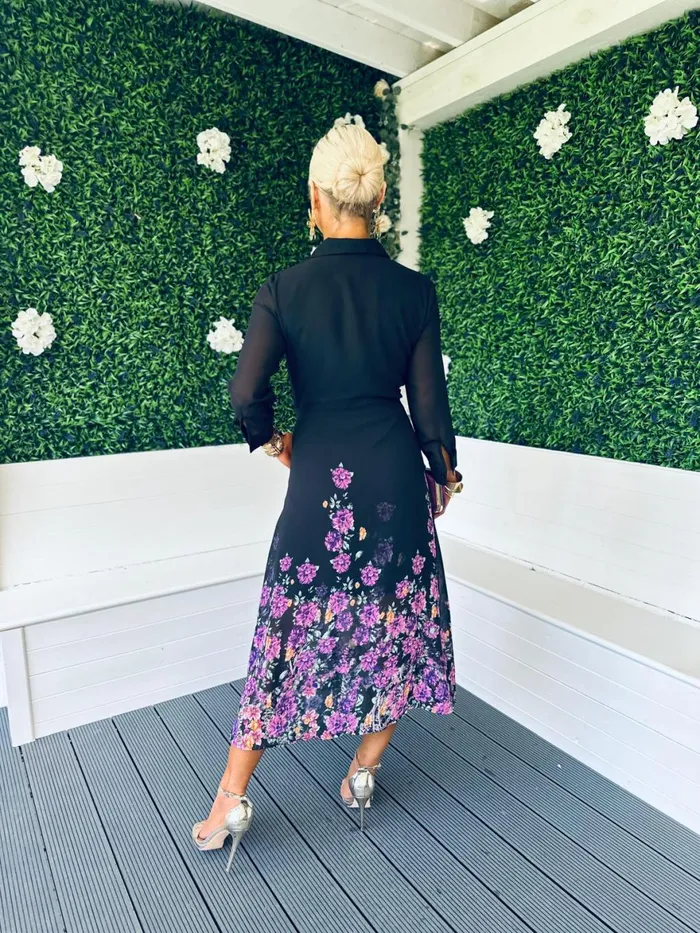 Women Day Dress Canella Lane Isabella Tie Front Shirt Dress Black Purple Floral