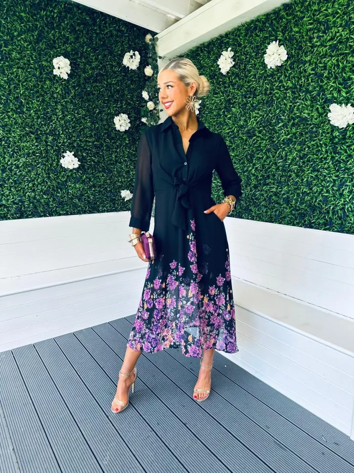 Women Day Dress Canella Lane Isabella Tie Front Shirt Dress Black Purple Floral