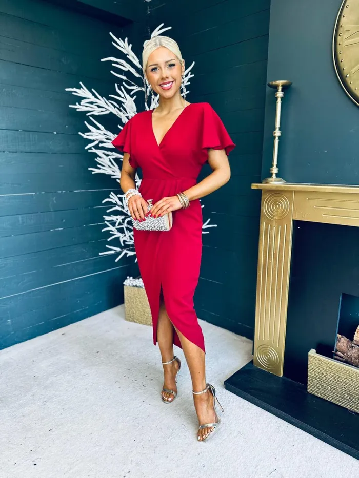 Women Day Dress Canella Lane Preslee Detailed Midi Dress In Ruby