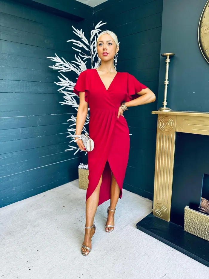 Women Day Dress Canella Lane Preslee Detailed Midi Dress In Ruby