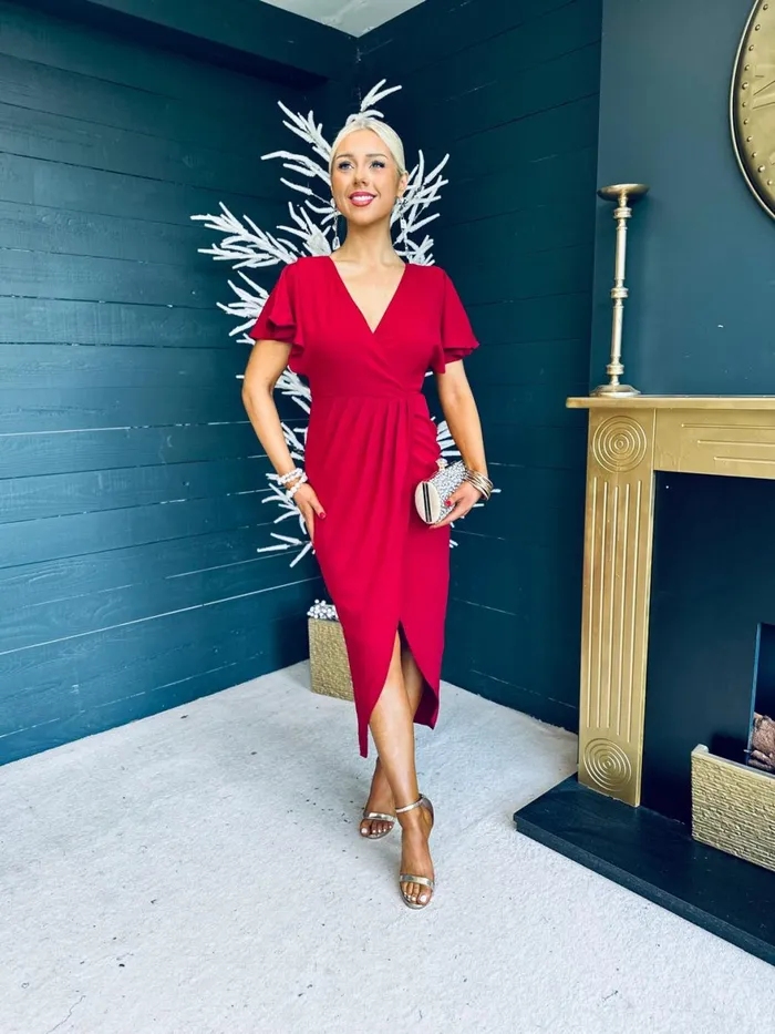 Women Day Dress Canella Lane Preslee Detailed Midi Dress In Ruby