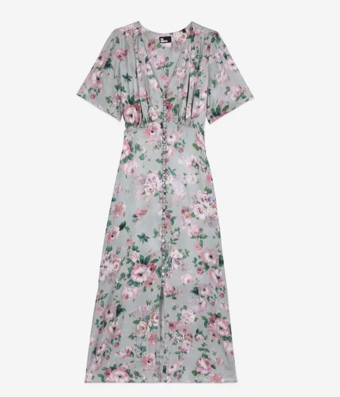 Women Dresses and Jumpsuits THE KOOPLES Light Green Long Floral Print Dress With Buttons