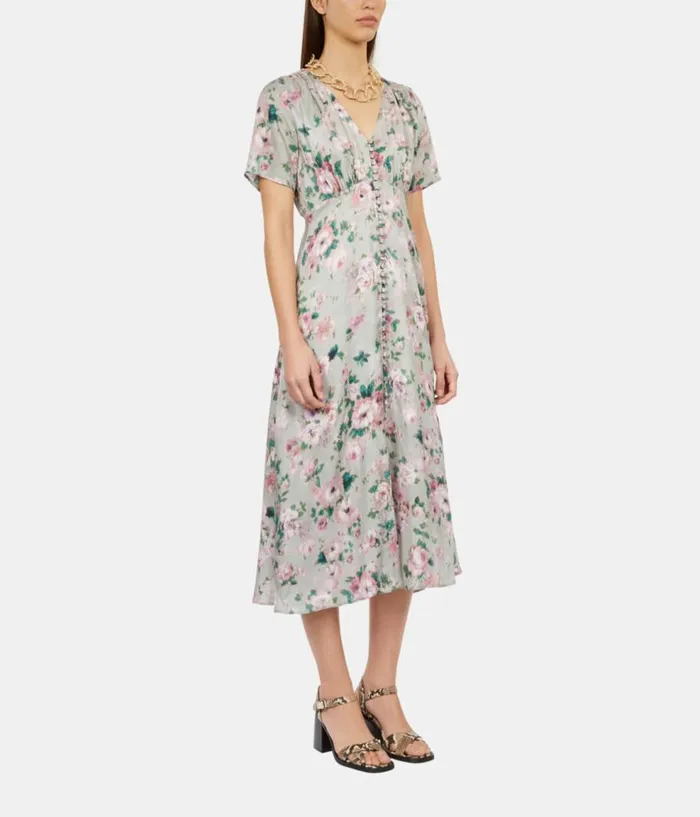Women Dresses and Jumpsuits THE KOOPLES Light Green Long Floral Print Dress With Buttons Women Dresses and Jumpsuits THE KOOPLES Light Green Long Floral Print Dress With Buttons