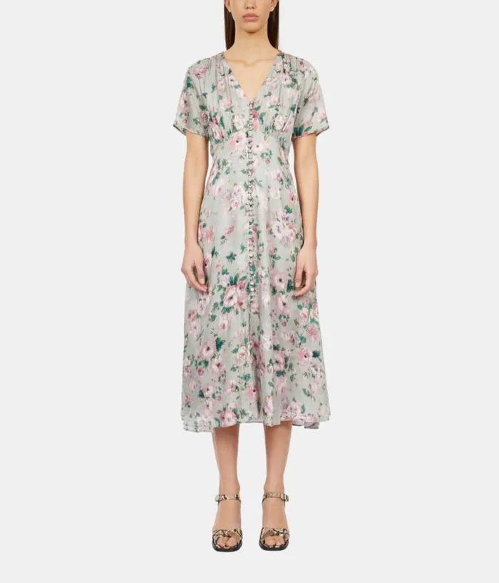 Women Dresses and Jumpsuits THE KOOPLES Light Green Long Floral Print Dress With Buttons Women Dresses and Jumpsuits THE KOOPLES Light Green Long Floral Print Dress With Buttons