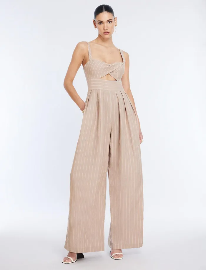 Women Dresses BCBG Hadie Linen Keyhole Jumpsuit Khakiwhite