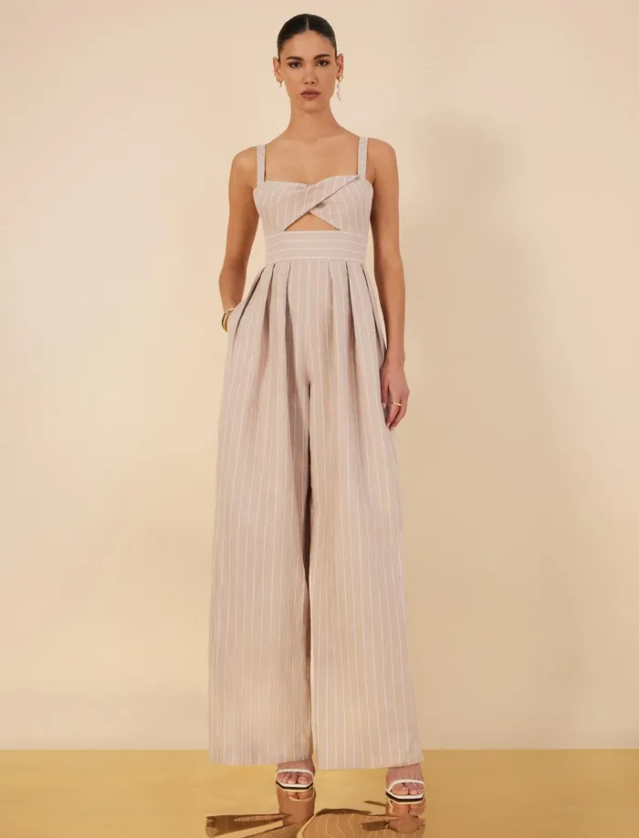 Women Dresses BCBG Hadie Linen Keyhole Jumpsuit Khakiwhite