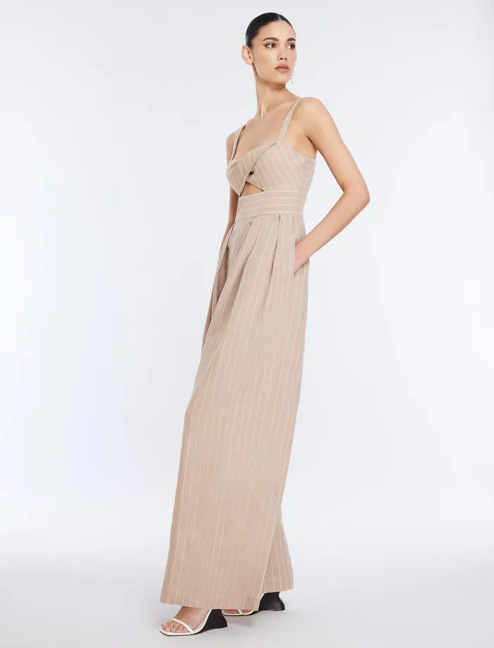 Women Dresses BCBG Hadie Linen Keyhole Jumpsuit Khakiwhite