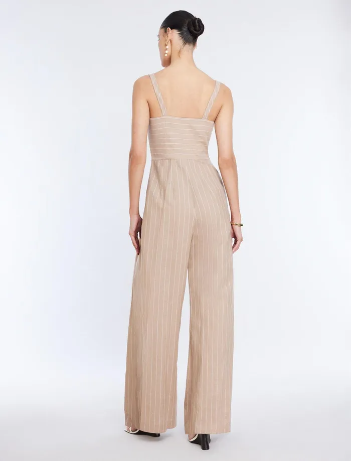 Women Dresses BCBG Hadie Linen Keyhole Jumpsuit Khakiwhite