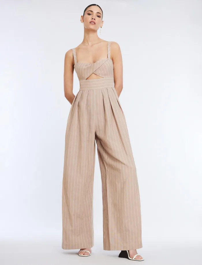 Women Dresses BCBG Hadie Linen Keyhole Jumpsuit Khakiwhite