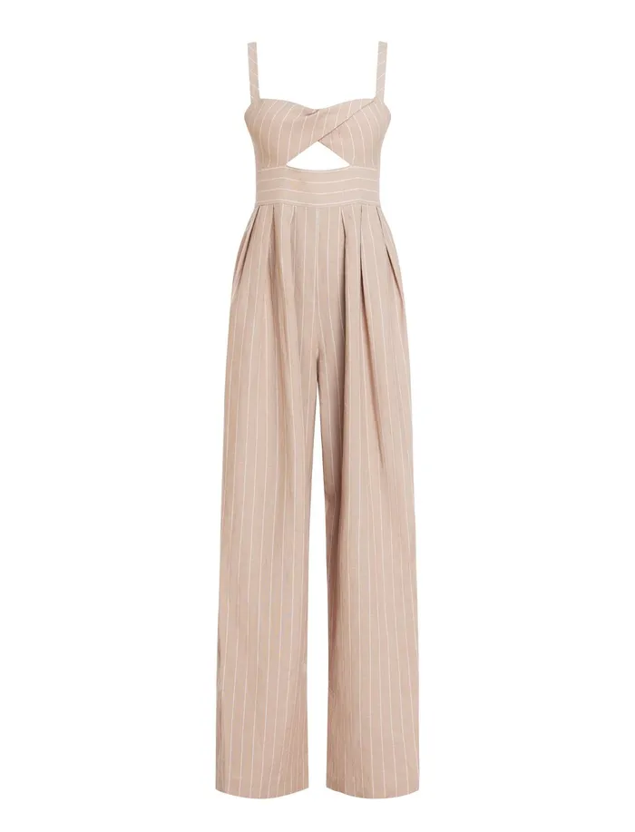 Women Dresses BCBG Hadie Linen Keyhole Jumpsuit Khakiwhite