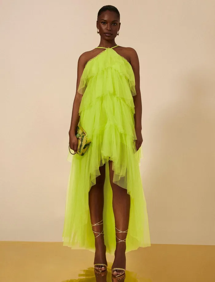 Women Dresses BCBG Jayden Tiered Tulle Halter Gown Evening Primrose