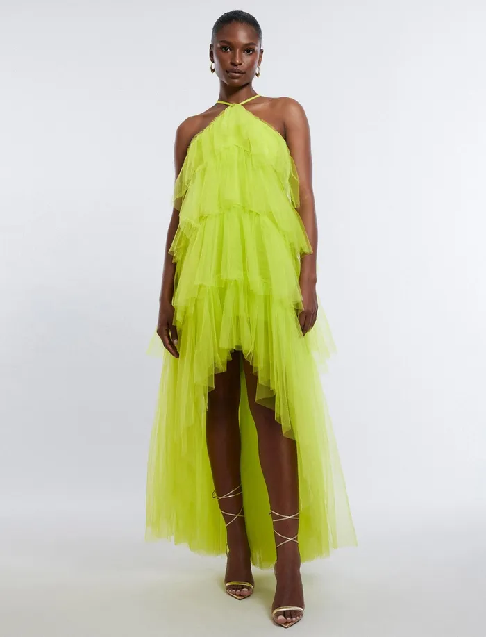 Women Dresses BCBG Jayden Tiered Tulle Halter Gown Evening Primrose