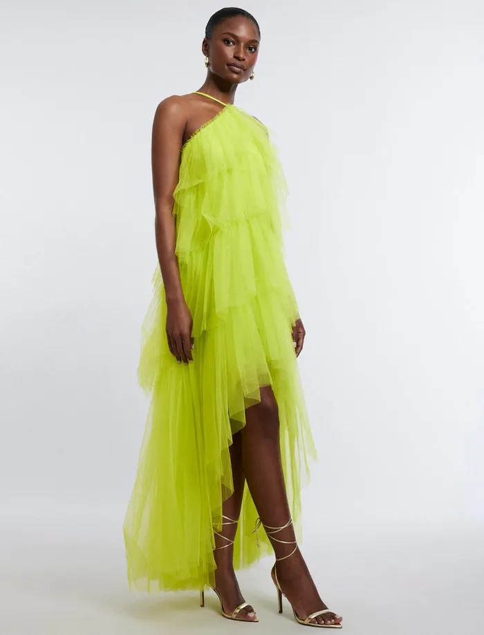 Women Dresses BCBG Jayden Tiered Tulle Halter Gown Evening Primrose