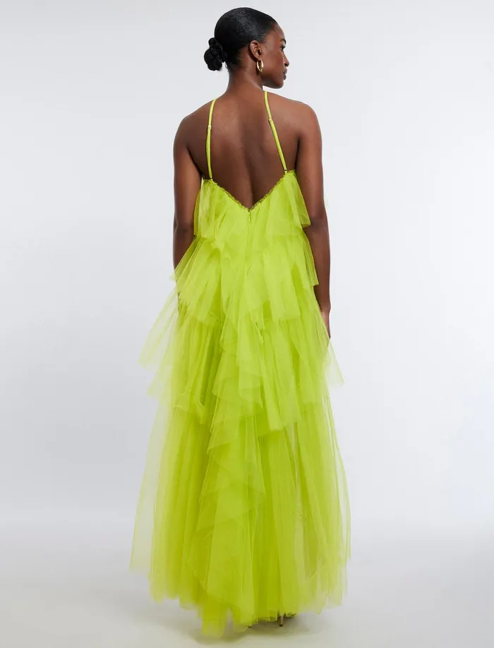 Women Dresses BCBG Jayden Tiered Tulle Halter Gown Evening Primrose