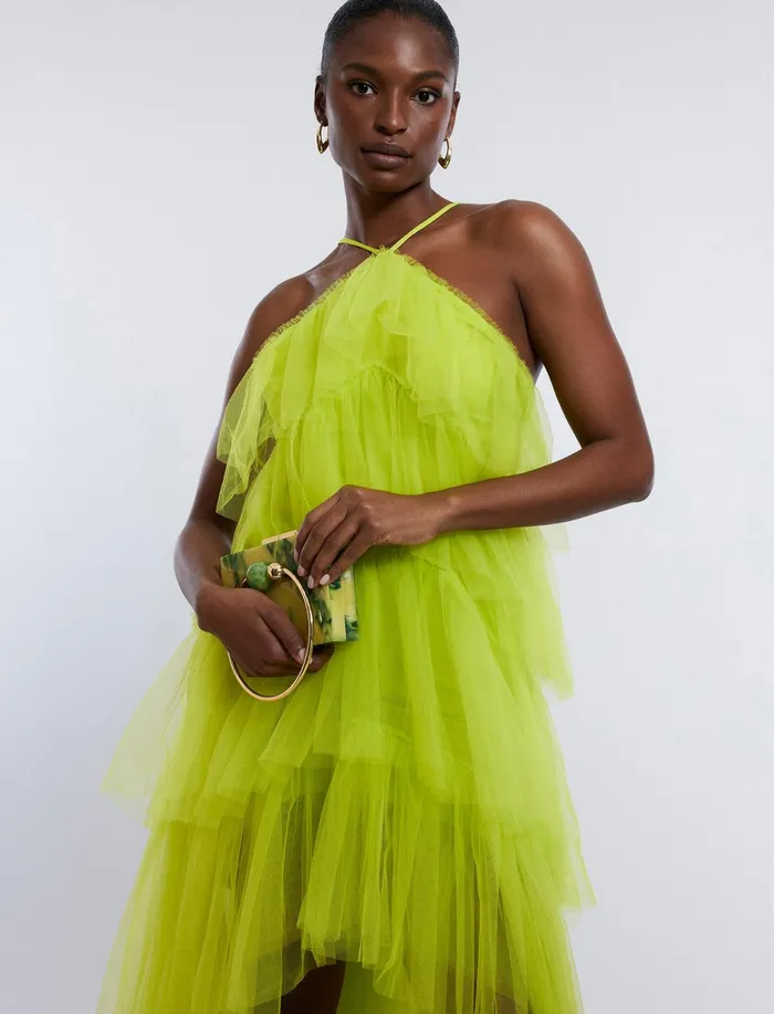 Women Dresses BCBG Jayden Tiered Tulle Halter Gown Evening Primrose