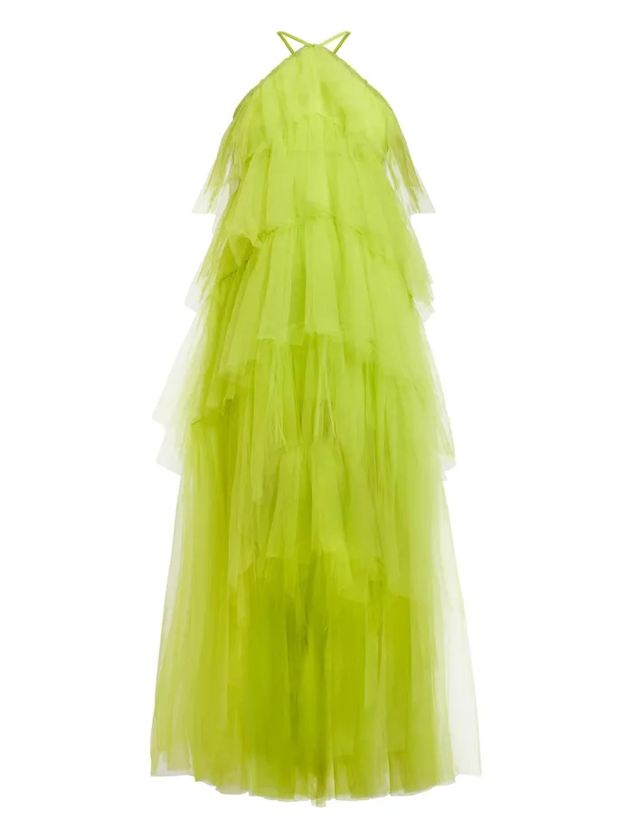 Women Dresses BCBG Jayden Tiered Tulle Halter Gown Evening Primrose